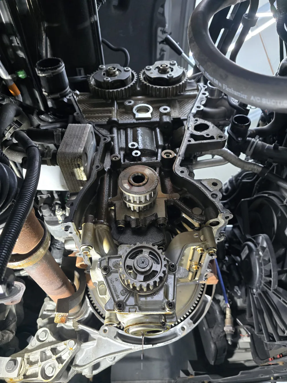 Freigelegte Steuerkette und Ölpumpe am geöffneten Motor beim Steuerkettenwechsel